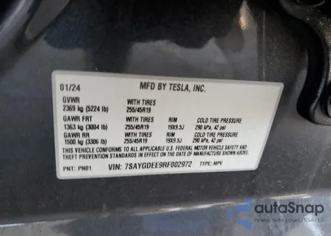 2024 Tesla Model Y from USA, damaged, VIN 7SAYGDEE9RF002972
